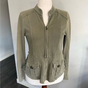 Anthropologie Others Follow Jacket Size M Zippered Olive Lace Inset Raw Hem